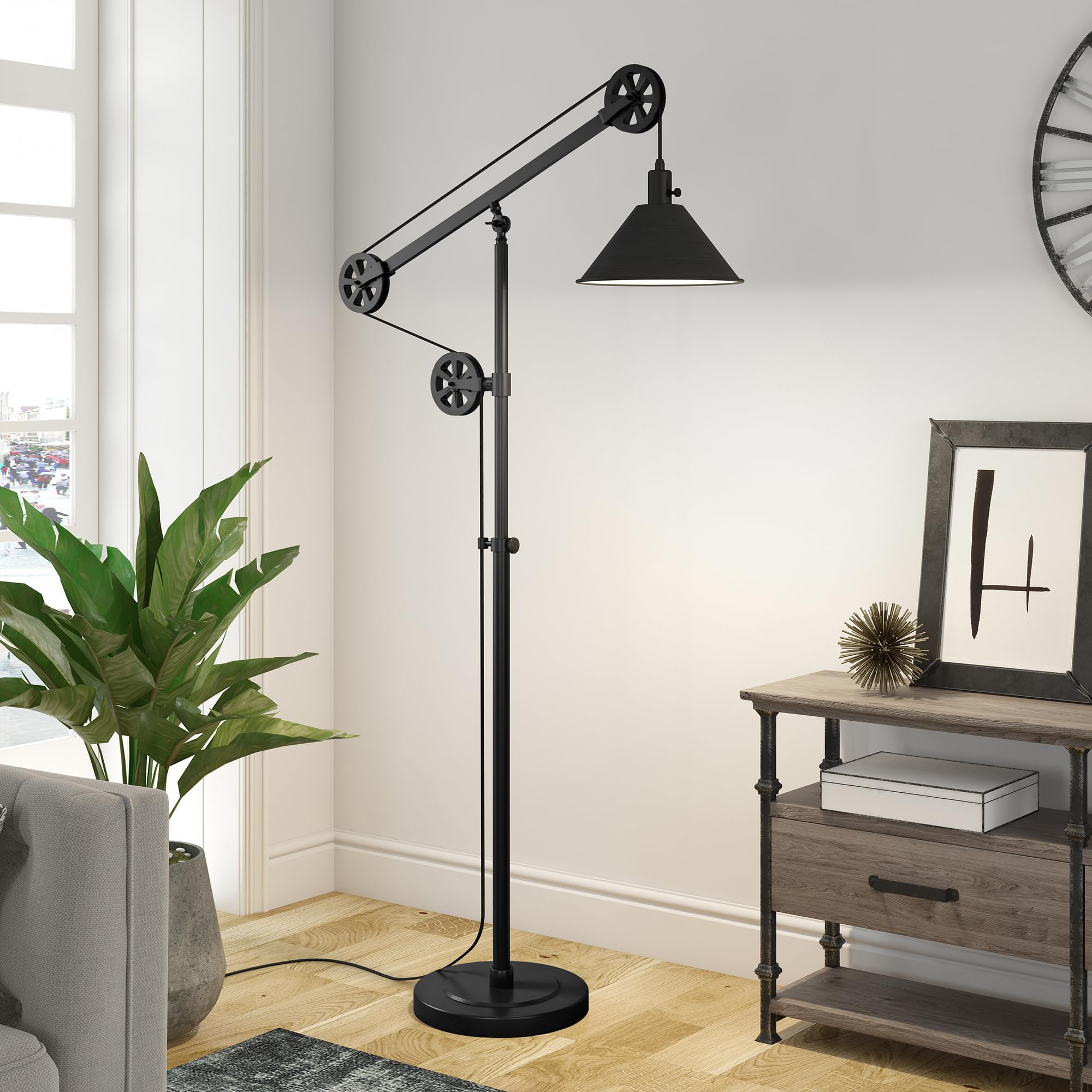 Henn&Hart Industrial Pulley System Floor Lamp with Adjustable Metal Shade - Blackened Bronze Finish for Home Office, Bedroom & Living Room | Modern Lighting for Reading, Workspace & Ambient Decor