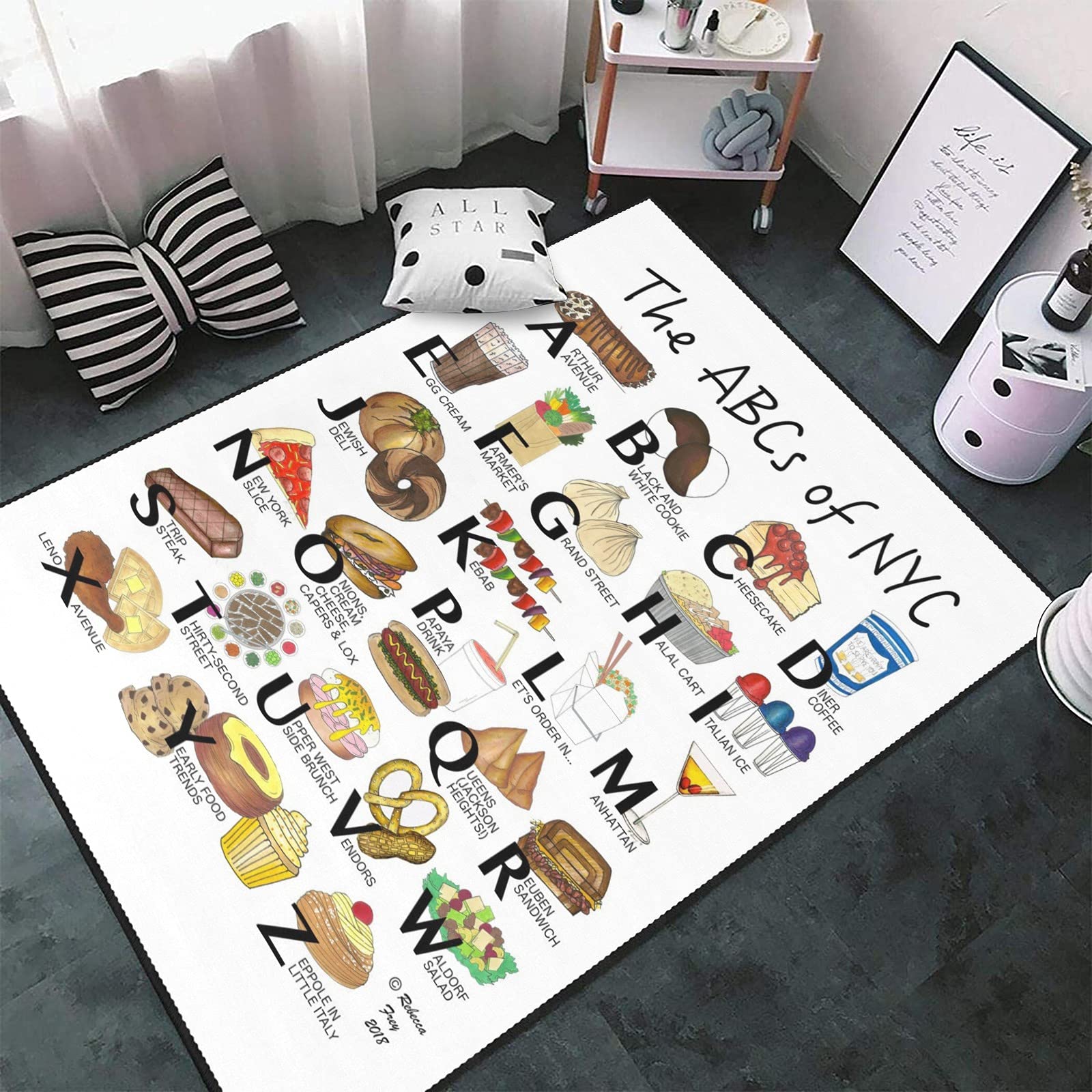 Non-Slip NYC Alphabet Food ABCs Area Rug - 5.2'x7.5' Premium Soft Floor Mat for Bedroom, Living Room, Kids Room & Nursery - Educational Home Decor with New York City Food Theme