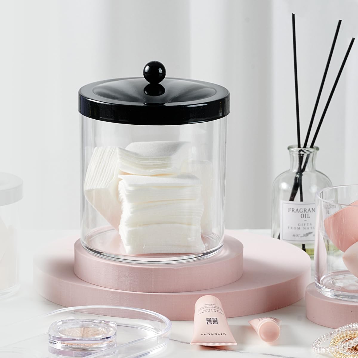 2 Pack 50oz Large Plastic Apothecary Jars with Lids - SheeChung Airtight Storage Containers for Laundry Pods, Bath Bombs, Snacks & Home Organization - Perfect for Bathroom Vanity, Kitchen Pantry & Laundry Room Storage (Black, Includes Measuring Spoon & Labels)