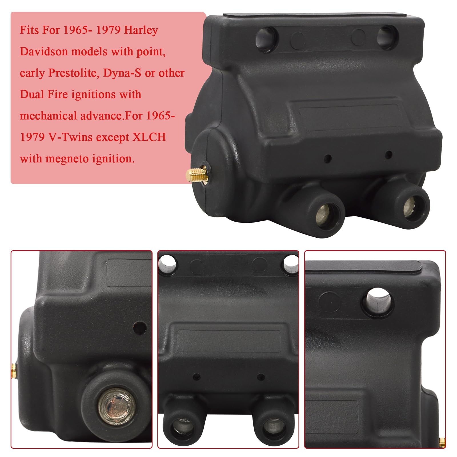 High Power 12V 5.0 Ohm Dual Fire Ignition Coil for Harley V-Twin Motorcycles (1965-1979) - Compatible with Sportster 1000/1200/900, Electra Glide, Roadster, Softail, Fat Bob & Dyna Models - Replacement for OEM 31609-65A - Improves Engine Performance & Fuel Efficiency