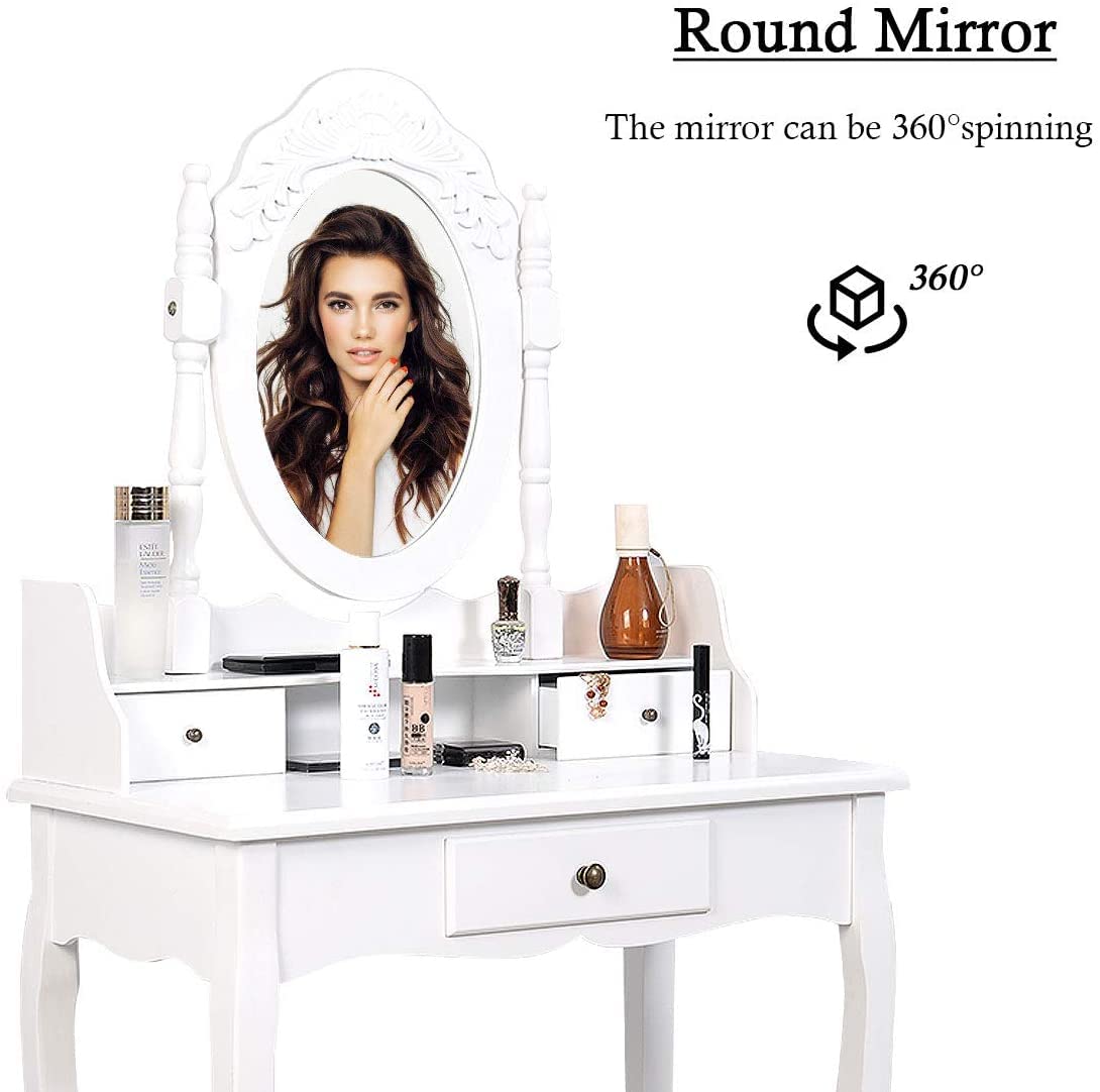 Byroce Vanity Desk Set with Oval Mirror & Cushioned Stool - White Makeup Dressing Table with 3 Drawers for Women & Girls | Perfect for Bedroom, Dorm Room, and Beauty Salon Decor
