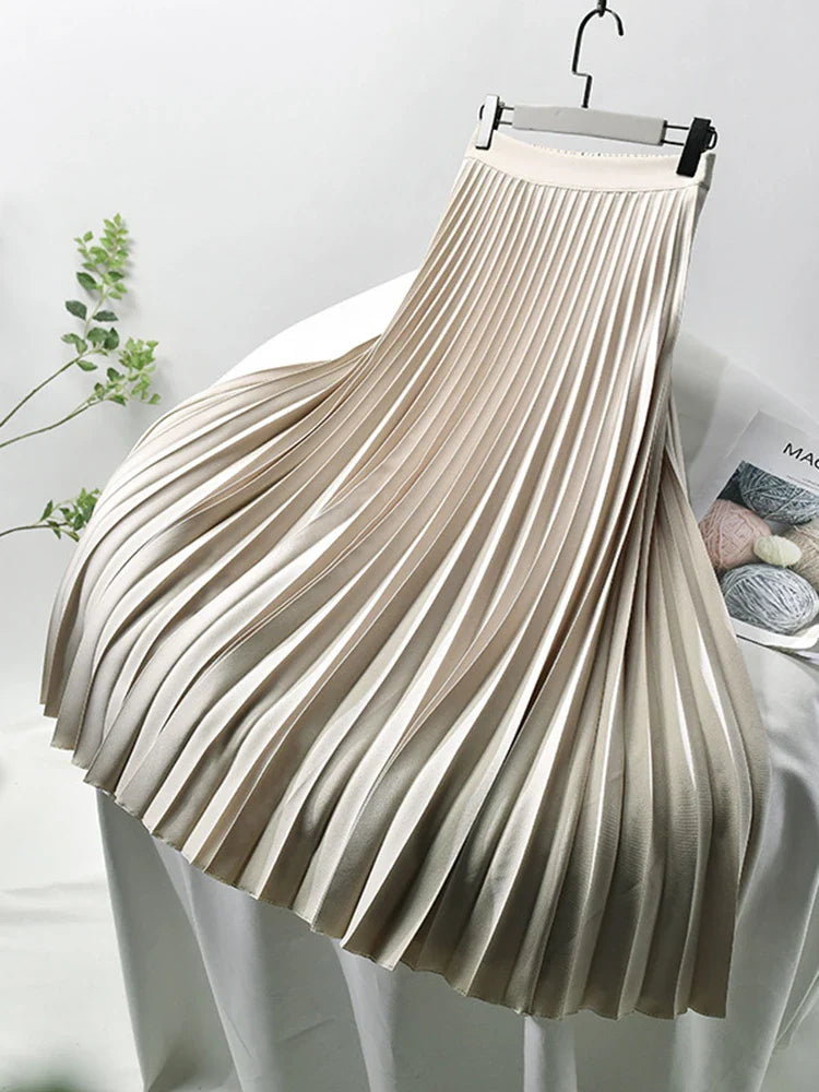 Brand Designer Women's High Waist Pleated Skirt - Elegant Solid Color A-Line Skirt with Elastic Waistband for Spring & Autumn | Office Wear, Party Outfits, Casual Chic Fashion