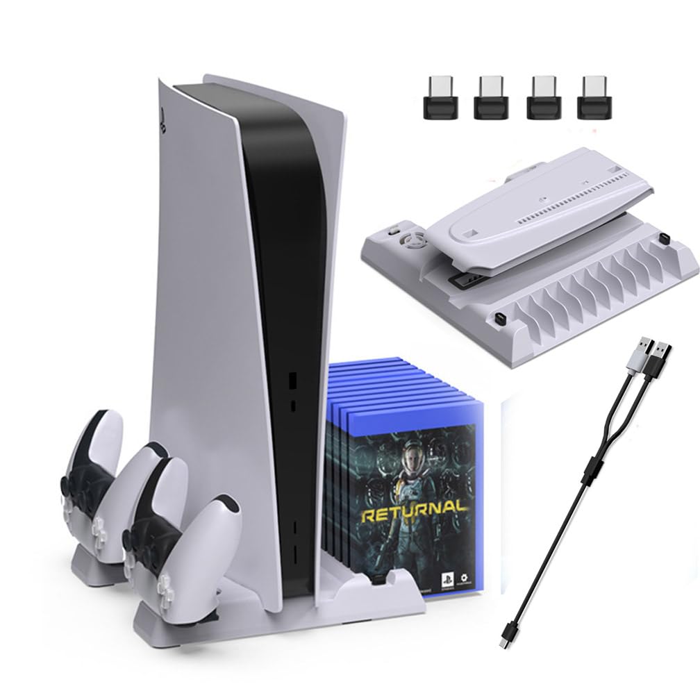 PS5 Slim Vertical Stand with Dual Controller Charger & Cooling Fan - Includes 10-Disc Storage Shelf & Charging Adapter - Perfect for Gaming Setups & Console Accessories Organization