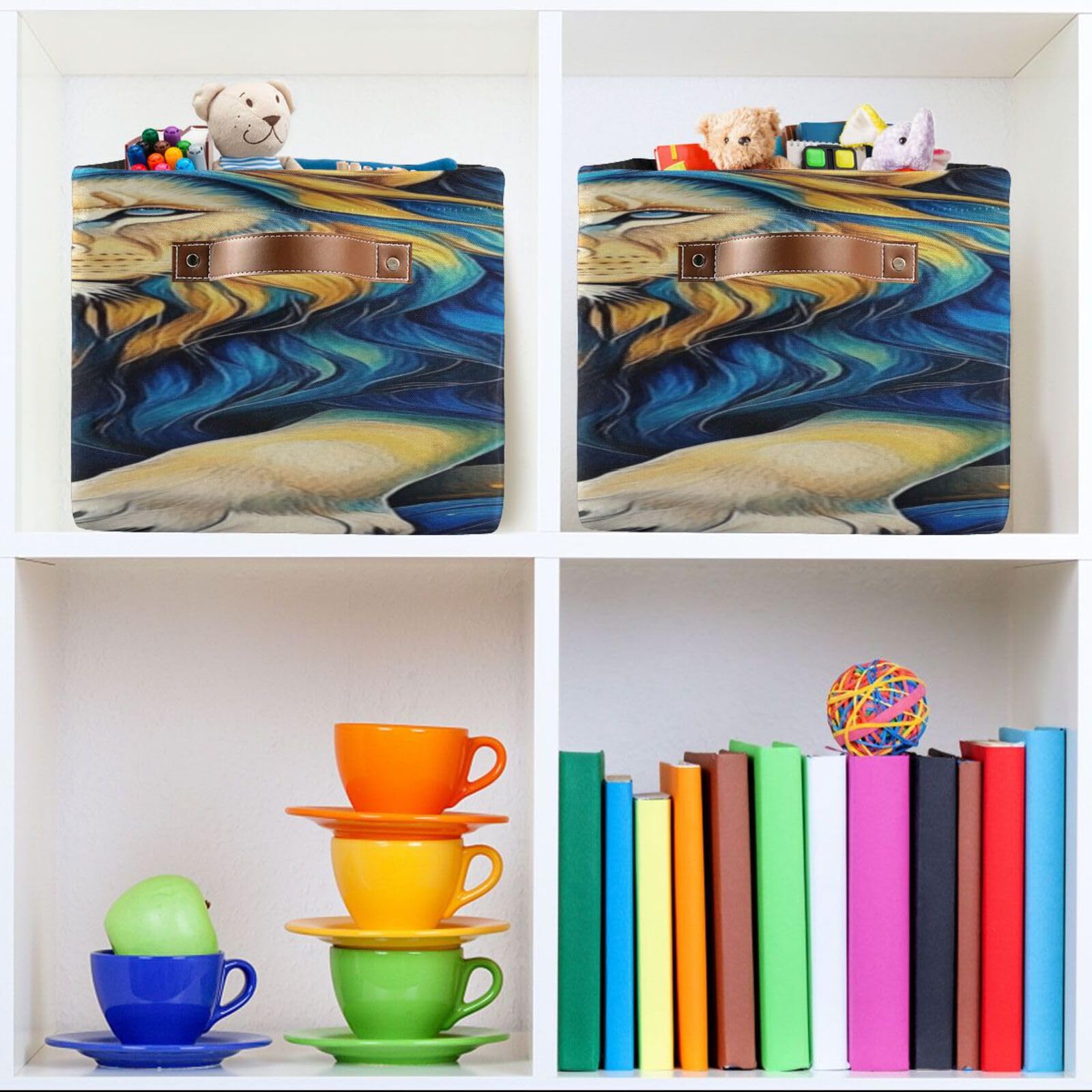 Large Foldable Storage Baskets with Handles - 2 Pack Home Organization Bins for Closet, Shelves & More | Durable Fabric Organizer for Bedroom, Laundry & Kids Toys (Magnificent Lion Design)