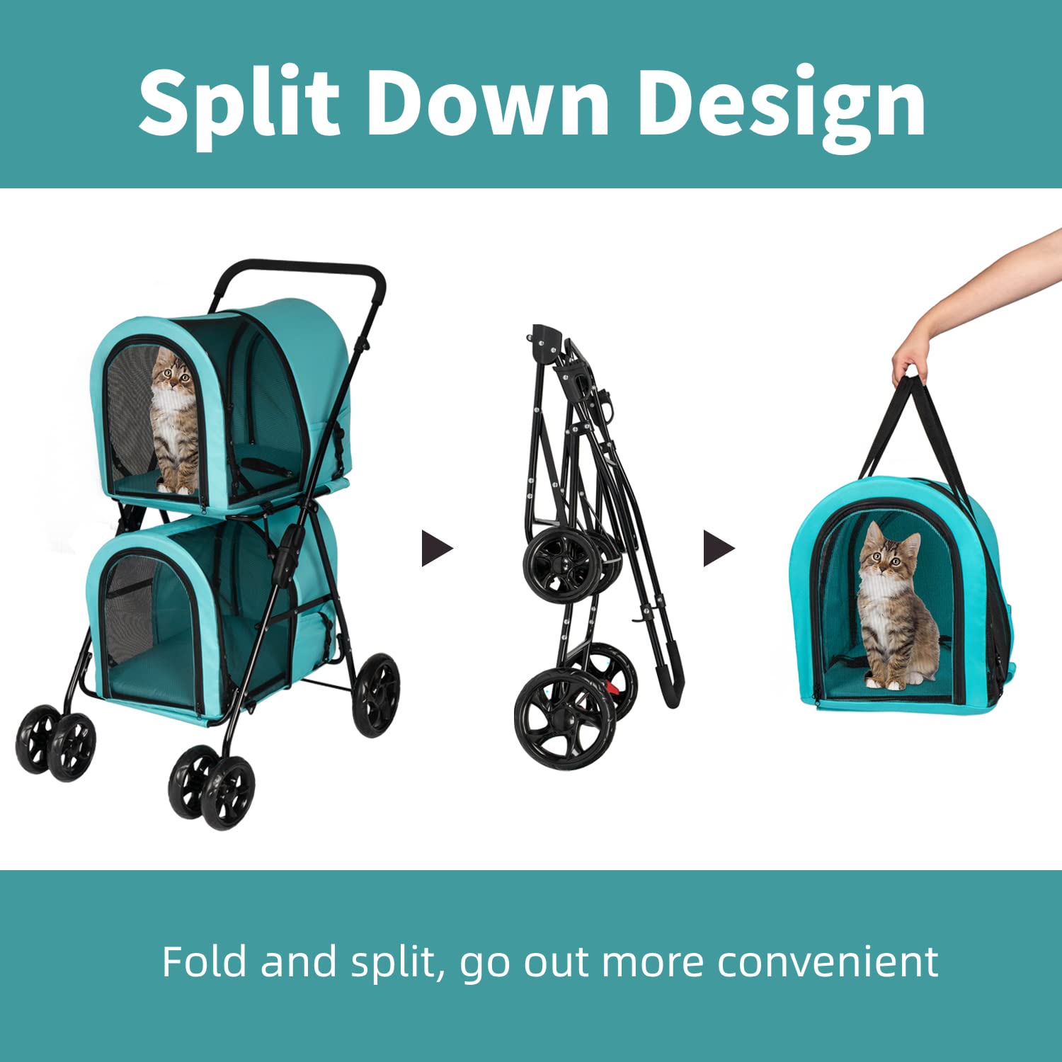 Kinsuite Foldable Cat Carrier & Pet Stroller - Lightweight 2-Wheel Travel Carrier for Small Dogs & Cats (Blue) - Perfect for Vet Visits, Air Travel & Outdoor Adventures