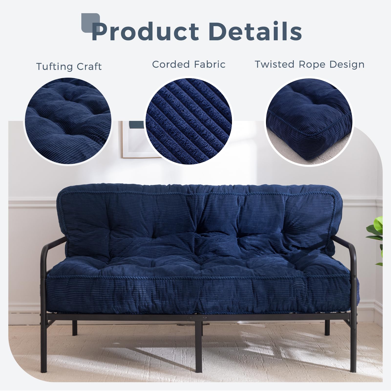 MAXYOYO 8-Inch Tufted Futon Sofa Bed with Thick Corduroy Fabric - Convertible Floor Mattress for Adults (Navy Blue) - Perfect for Small Spaces, Guest Rooms & Dorm Rooms