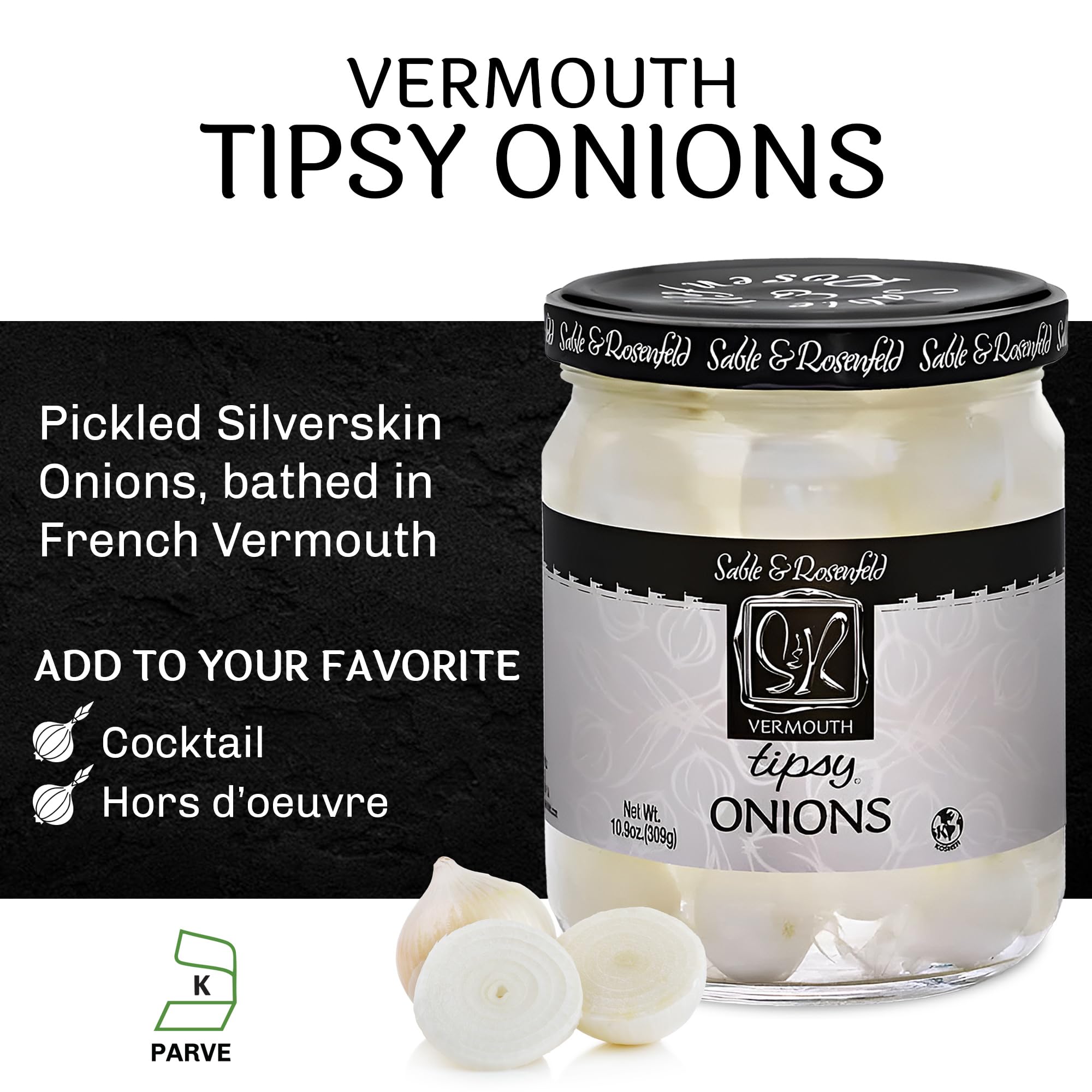 Premium Tipsy Cocktail Onions in Jar with French Vermouth - Gourmet Pickled Silverskin Onions for Martinis, Gibsons & Cocktails - Kosher Parve Snack & Appetizer - Sable & Rosenfeld - 10.9oz (Pack of 6) - Perfect for Home Bars, Dinner Parties & Holiday Entertaining