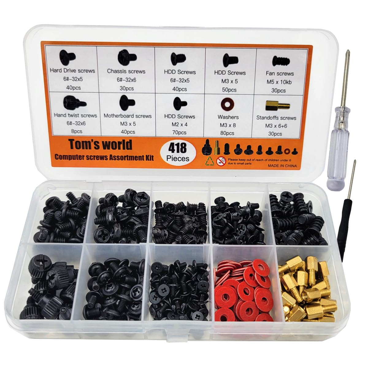 Tom's World 418-Piece Computer Screw Assortment Kit - Motherboard, HDD, SSD, Cooling Fan, ATX Case & Laptop Repair Screws & Standoffs | Perfect for PC Building, Hardware Upgrades & Electronics Maintenance