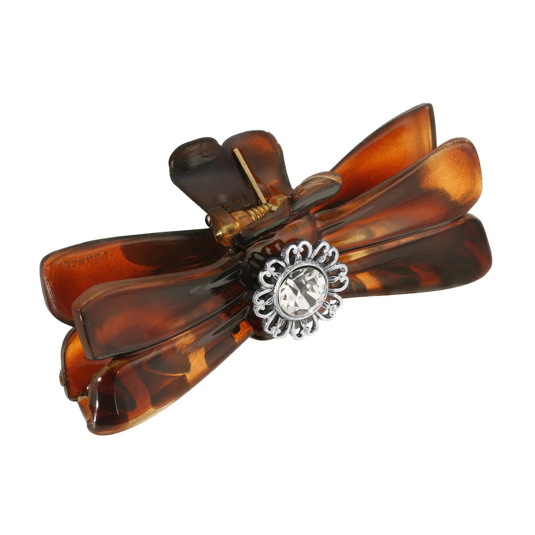 Vintage 1928 Brown Tortoise Shell Filigree Hair Clip with Crystal Accents - Small Claw Hairpin for Women, Perfect for Weddings, Parties & Everyday Elegance