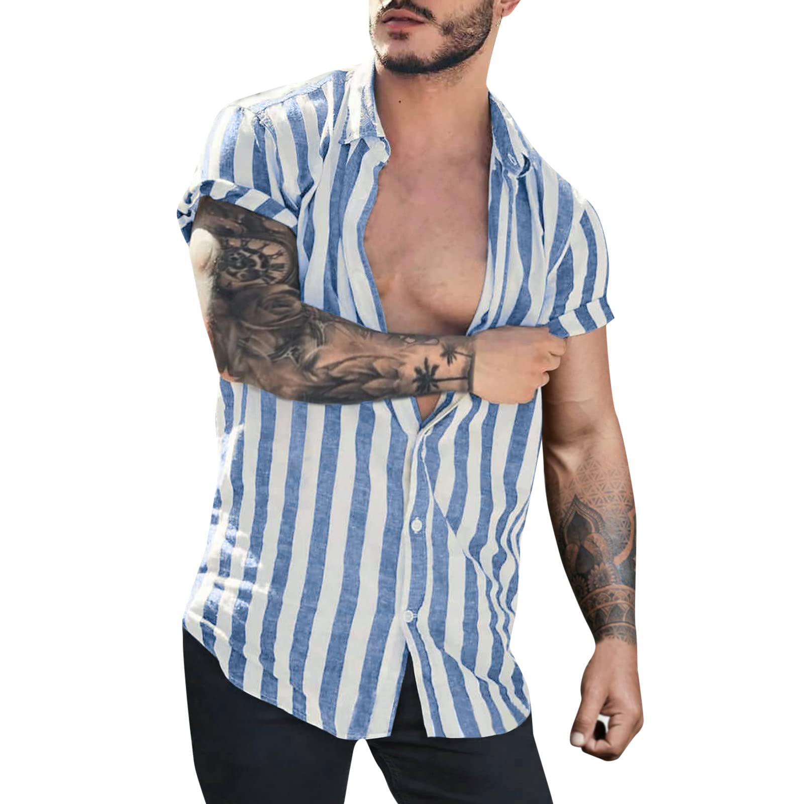 Men's Green Linen Shirts | Summer Cotton Short Sleeve Casual Tops | Solid Color Zip Up Blouse for Men | Perfect for Outdoor Activities & Office Wear
