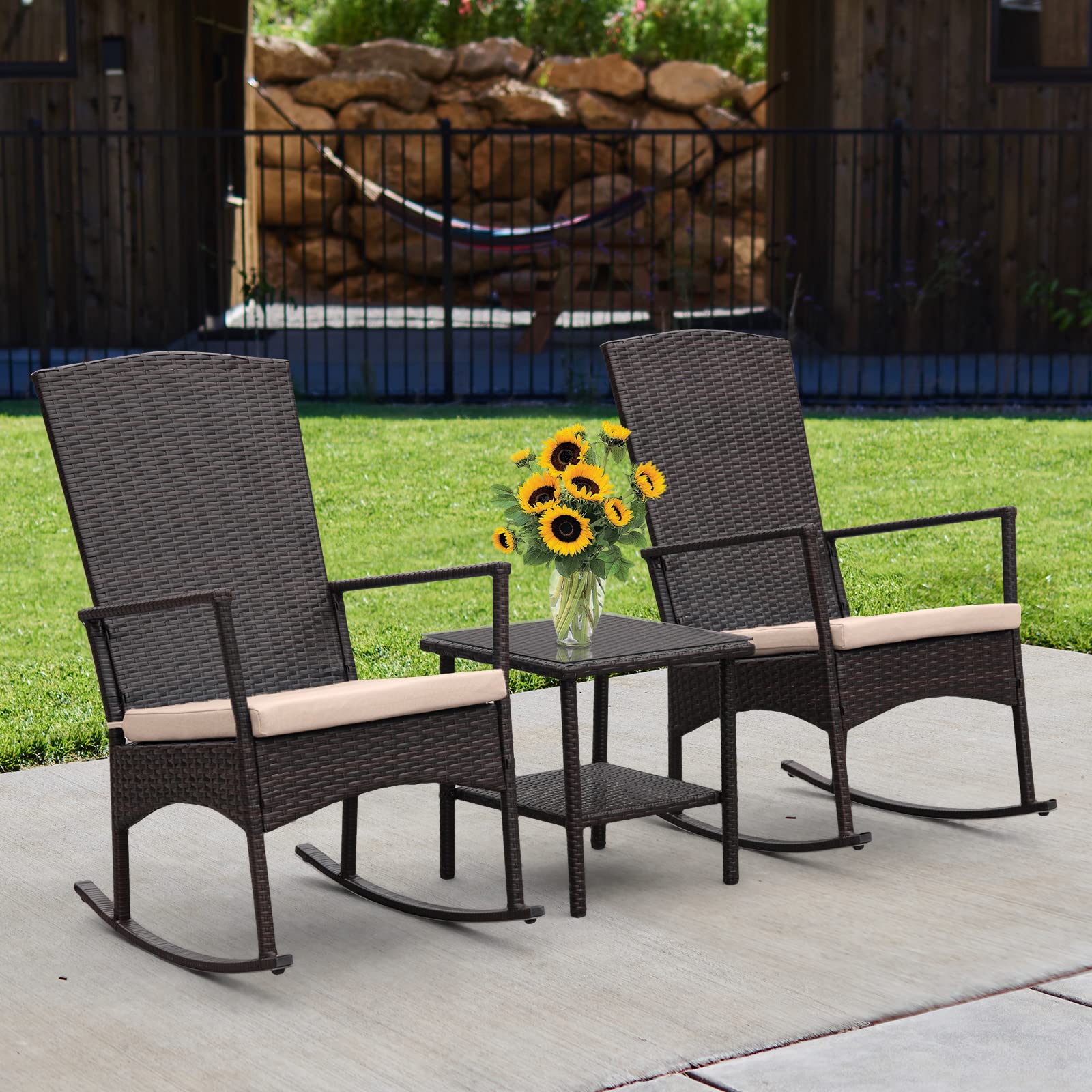 Outdoor PE Wicker Rocking Chair 3-Piece Patio Set with Glass Coffee Table - Brown Rattan Garden Conversation Furniture with Khaki Cushions | Perfect for Porch, Backyard, and Poolside Relaxation