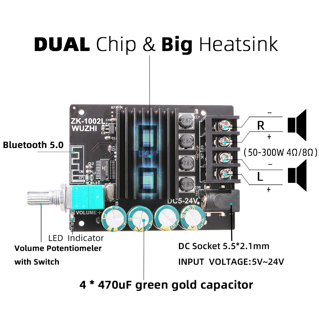 100W+100W Peak Bluetooth 5.0 Amplifier Board, 2.0 Channel DC 8-24V, Password-Free Connect, DIY Wireless Speaker Amp for Home Audio & Portable Sound Systems