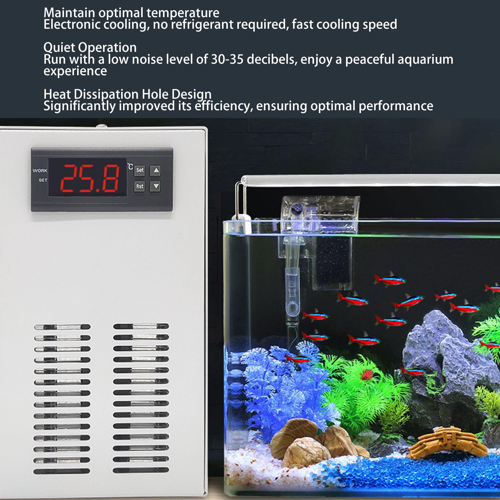 **Aquarium Water Chiller – Fast Cooling & Quiet Operation for 20L Fish Tanks – Maintains Optimal Temperature with Hose & Pump (US Plug) – Ideal for Home & Office Aquariums**