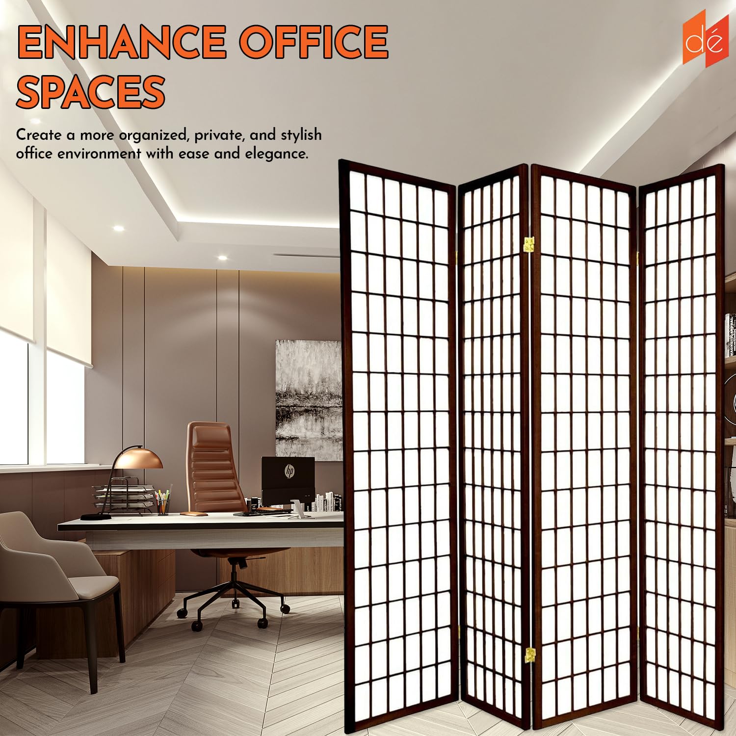 Legacy Decor 4-Panel Room Divider - 6ft Tall Portable & Foldable Freestanding Privacy Screen - Shoji Style Dressing Screen for Home, Office & Studio - Espresso Finish | Perfect for Room Separation, Changing Area, and Temporary Wall Partition