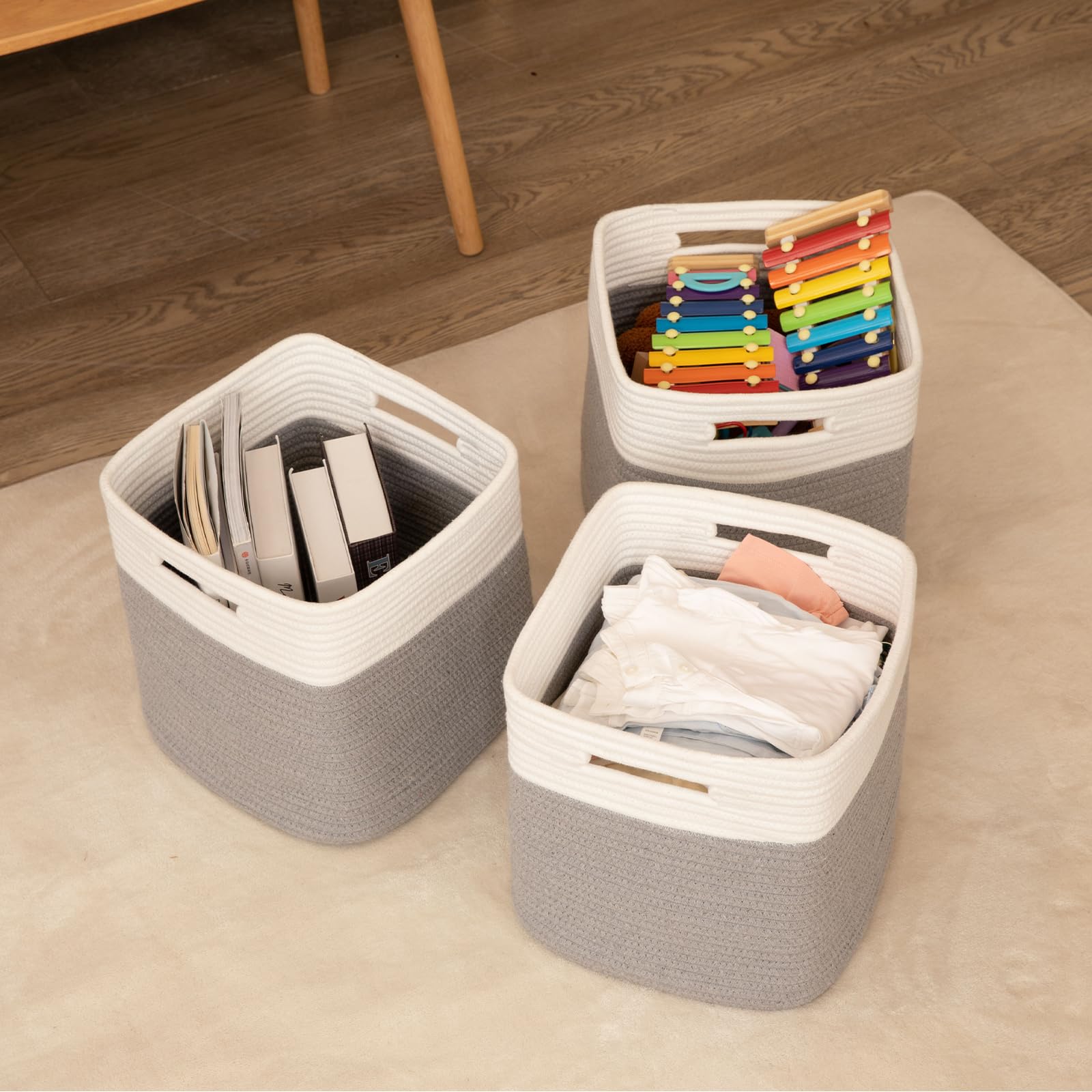 11 Inch Cotton Rope Storage Cubes - 3-Pack Woven Organizing Baskets for Shelves, Closet & Nursery | Grey Square Storage Bins - Perfect for Home Organization, Baby Room & Closet Storage
