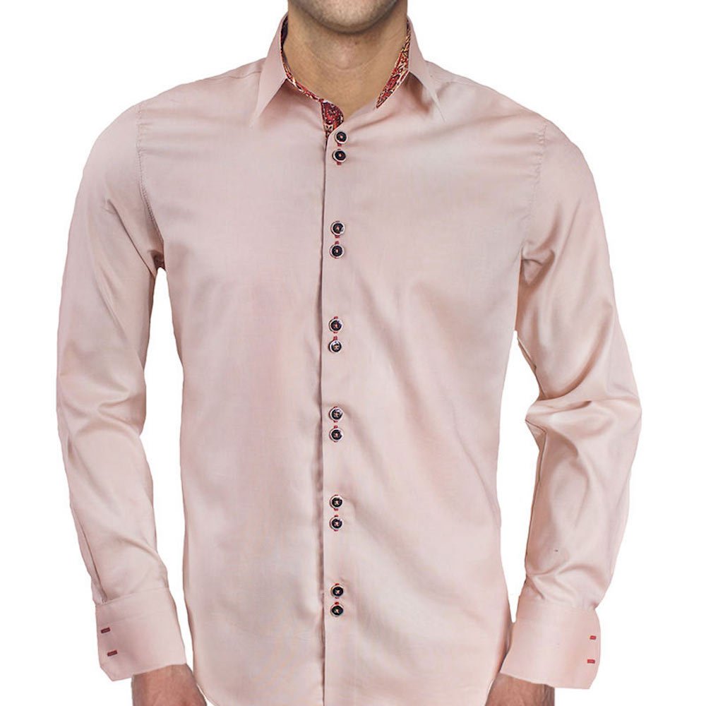 Premium Tan & Maroon Paisley Pattern Dress Shirt for Men - 100% Cotton Formal Business Attire - Handcrafted in USA - Perfect for Office, Weddings & Special Occasions
