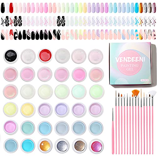 36 Colors Gel Nail Polish Kit - Spider Gel & Matrix Gel for Nail Art Design, Includes 15pcs Painting Brushes for DIY & Salon Use | Perfect for Home Manicures, Professional Nail Art, and Creative Nail Painting Designs