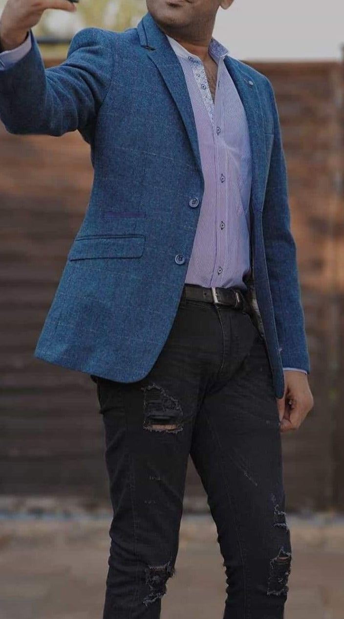 Cavani Carnegi Men's Blue Slim Fit Tweed Check Blazer Jacket for Business, Wedding & Formal Occasions