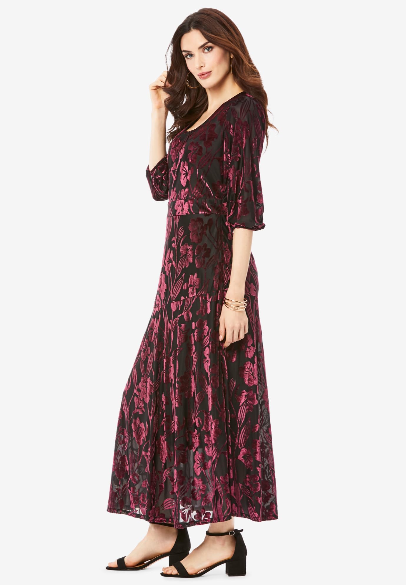 Romantic Plus Size Velvet Burnout Dress for Women - Elegant Long Sleeve Party Gown for Evening Events, Weddings & Holiday Gatherings