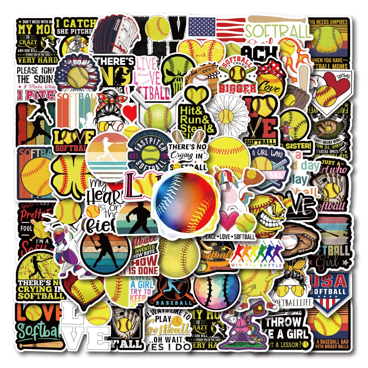 100PCS Softball Stickers - Fun Decals for Helmets & Awards - Perfect Softball Gifts for Girls & Boys - Great for Team Prizes, Locker Decor & Sports Accessories