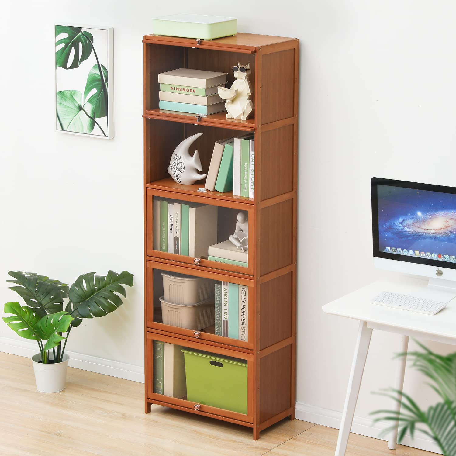 MoNiBloom 5-Tier Tall Narrow Bookcase with Clear Acrylic Doors - Space-Saving Free Standing Bookshelf for Living Room, Office & Bedroom Storage - Modern Brown Wooden Shelf Organizer for Books, Decor & Display