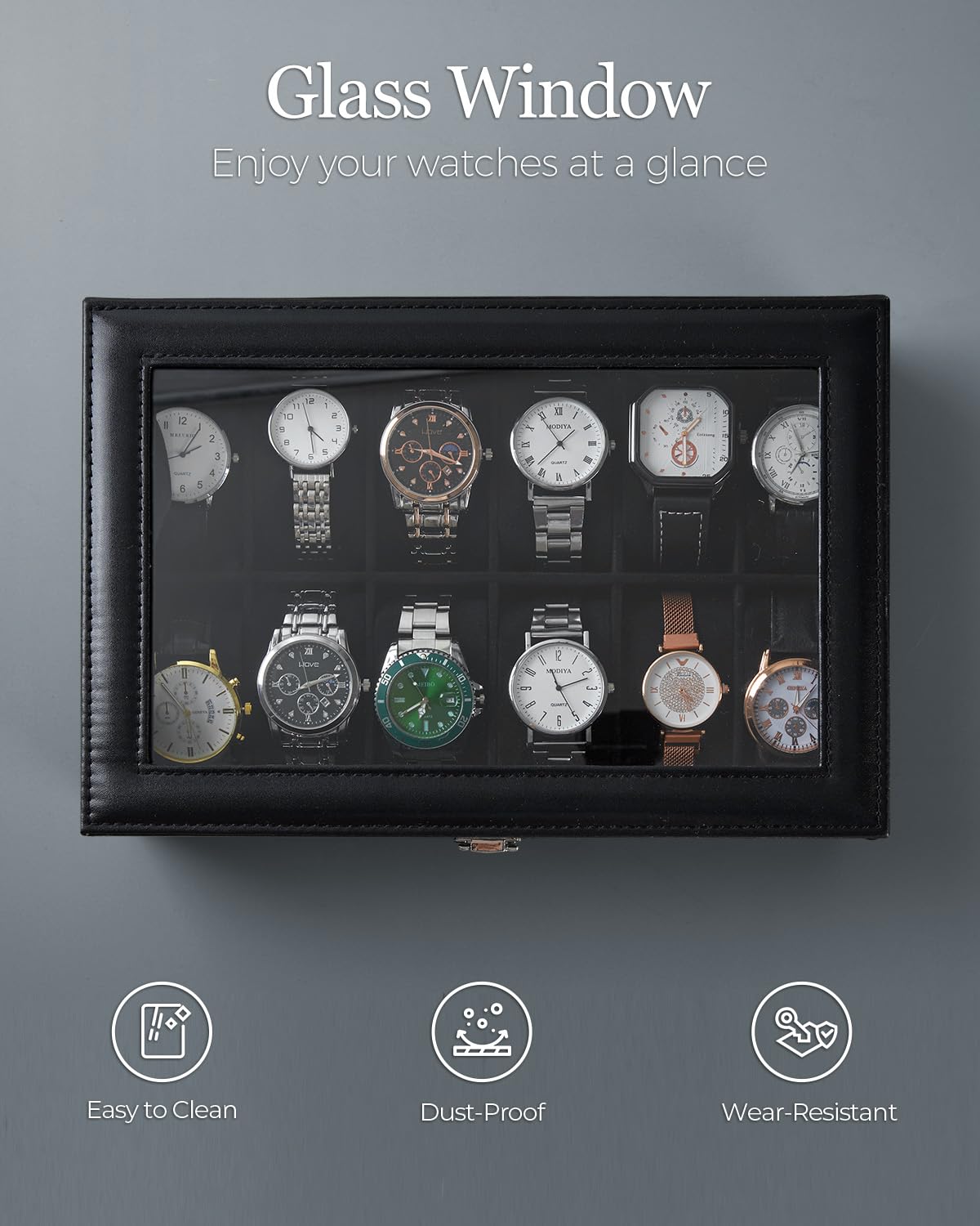 Ohuhu 12-Slot Watch Box with PU Leather & Real Glass Lid - Premium Watch Organizer Case for Men & Women | Perfect for Watch Collection Display, Travel Storage & Jewelry Organization