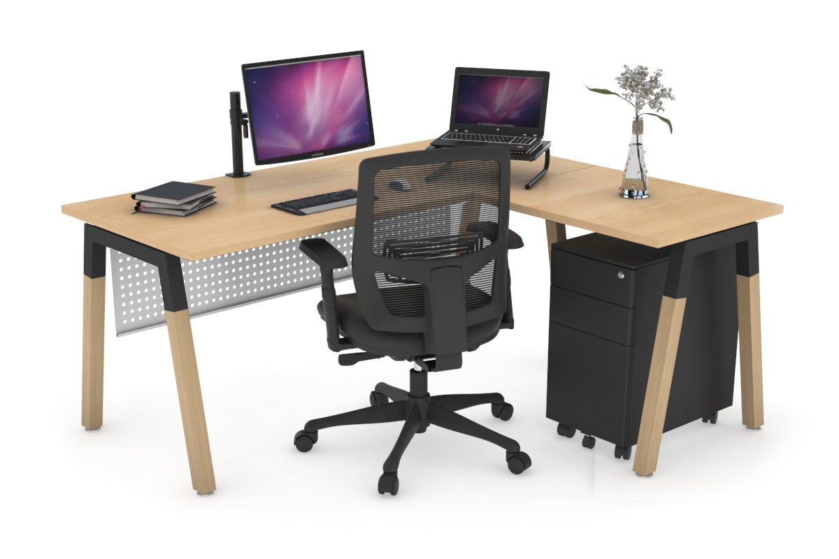Quadro A Legs L-Shaped Corner Office Desk with Wood Legs & Cross Beam [1600L x 1450W] - Perfect for Home Office, Gaming Setup & Workspace Organization