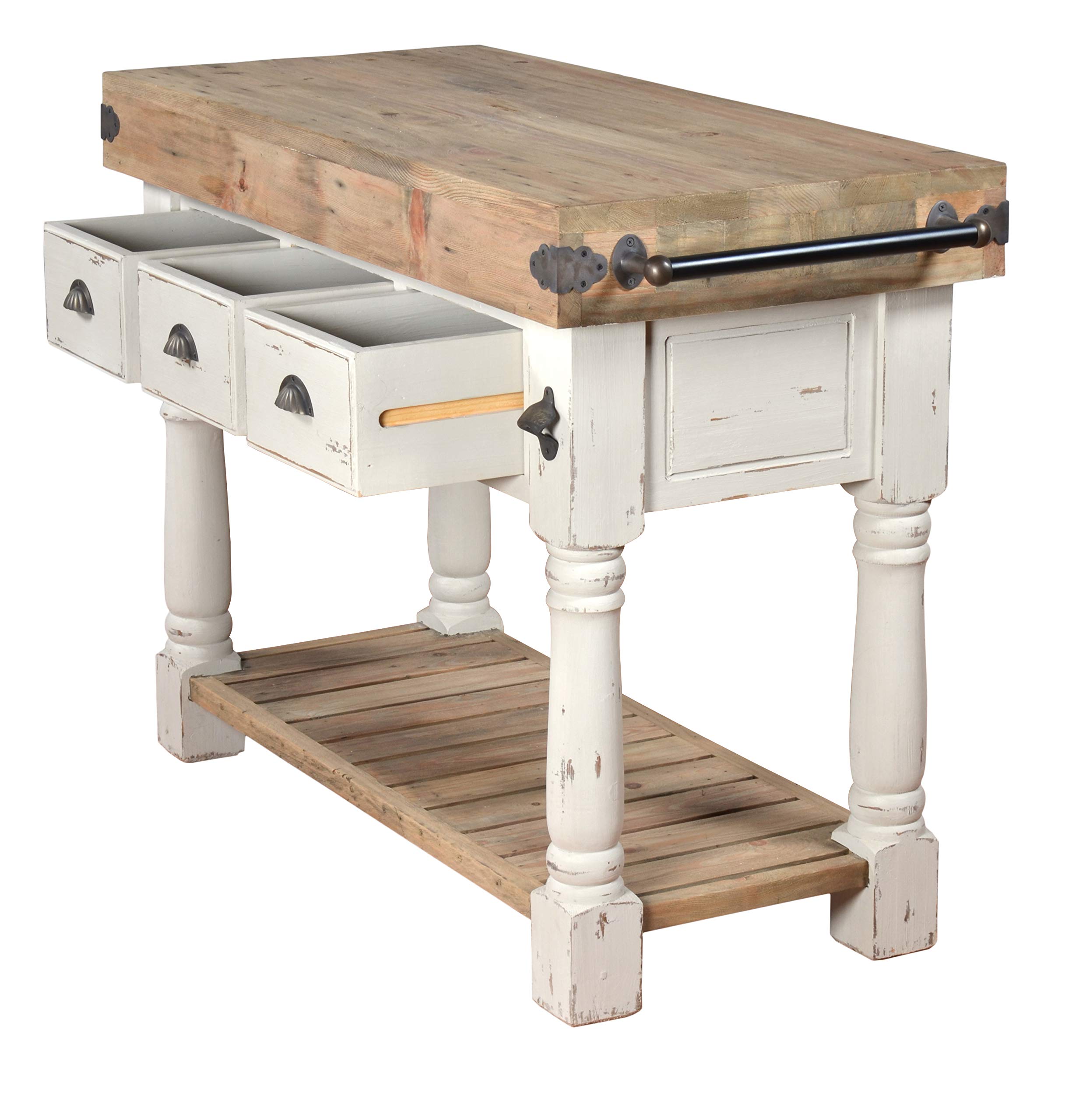 Farmhouse Island Work Console - White Chalk & Natural Wood Kitchen Table for Dining, Home Office, and Crafting