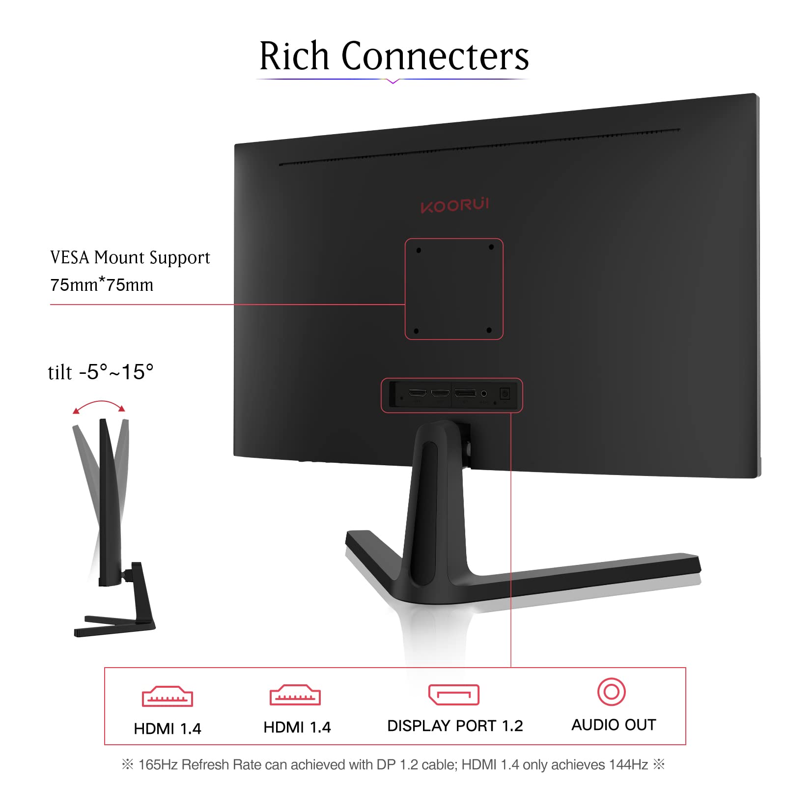 KOORUI 24 Inch FHD 1080P 165Hz Gaming Monitor with 1ms Response Time, AdaptiveSync Technology, Ultra-Thin VA LED Display, Dual HDMI & DP Ports, VESA Mount Compatible, Tilt Adjustable - Ideal for Esports, Home Office & Multimedia Entertainment