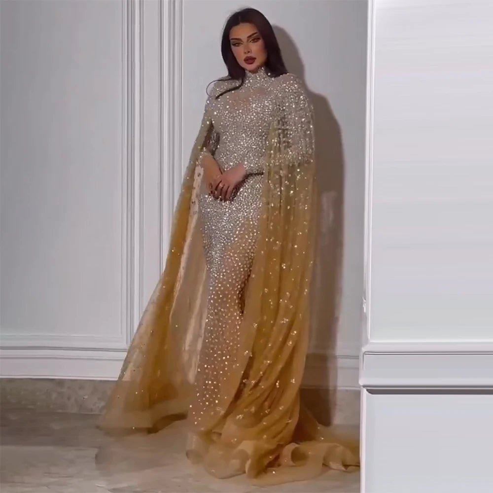 Serene Hill Luxury Muslim Gold Mermaid Evening Dress with Elegant Cape Sleeves & Beaded Details - Dubai Style Formal Gown for Women 2025 | Perfect for Weddings, Galas & Special Occasions