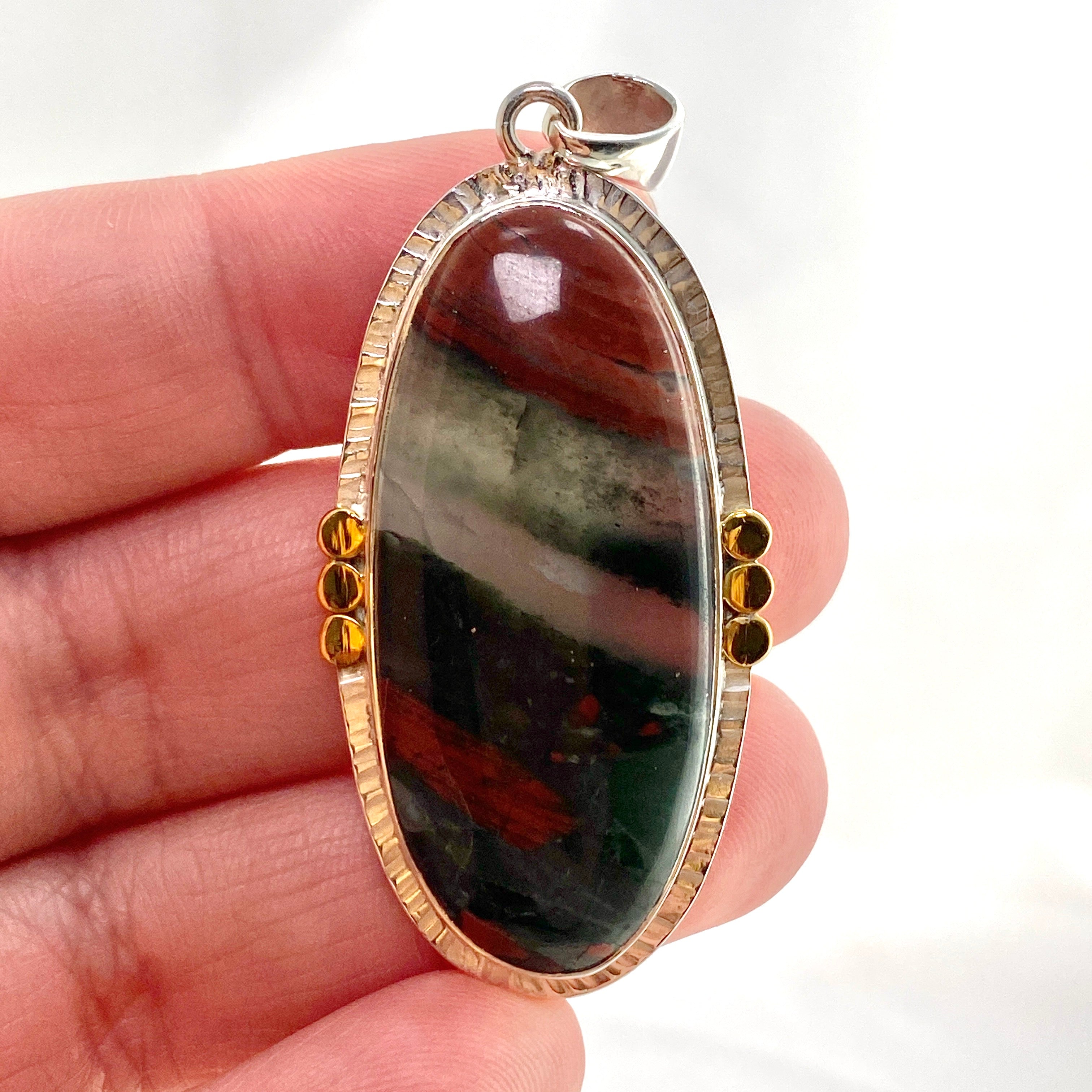 Bloodstone Oval Cabochon Pendant with Brass Accents - Handmade Jewelry for Women - Perfect for Spiritual Healing, Meditation & Energy Work (KPGJ4745)