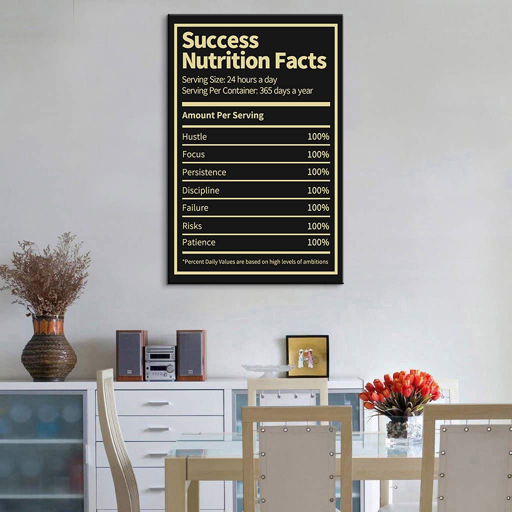 Success Nutrition Facts Motivational Canvas Print - 16x24 Inch Inspirational Wall Art for Office & Living Room Decor - Positive Quote Posters for Home, Gym & Workspace
