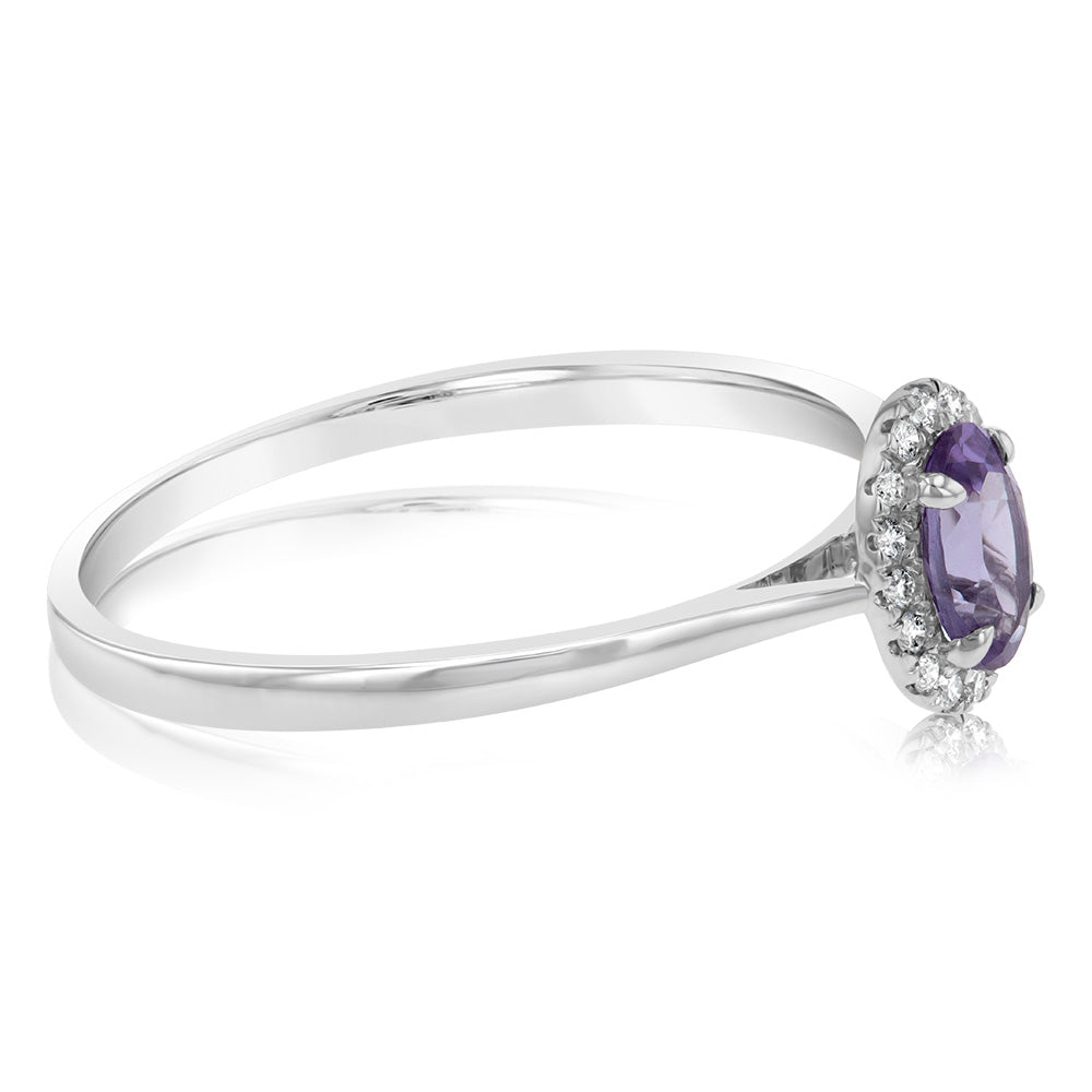 9ct White Gold Oval Alexandrite & Diamond Halo Ring - Elegant Birthstone Jewelry for Women, Perfect for Engagement, Anniversary & Special Occasions