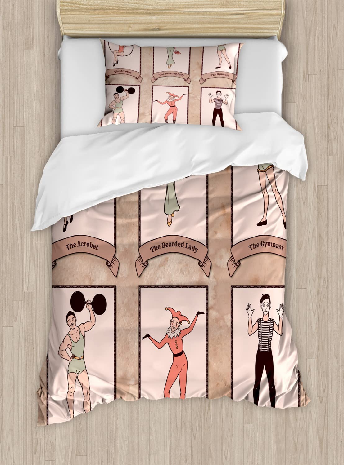 Ambesonne Vintage Circus Duvet Cover Set - King Size 2-Pack with 2 Duvet Covers & 4 Pillowcases - Pink & Tan Circus Theme Featuring Acrobats, Bearded Lady, Strong Man & Harlequin Characters | Perfect for Themed Bedrooms, Circus Lovers & Unique Home Decor