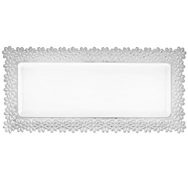 White Plastic Oblong Flower Design Tray - Set of 2 - Decorative Serving Tray for Dining, Bathroom Organization, and Home Decor