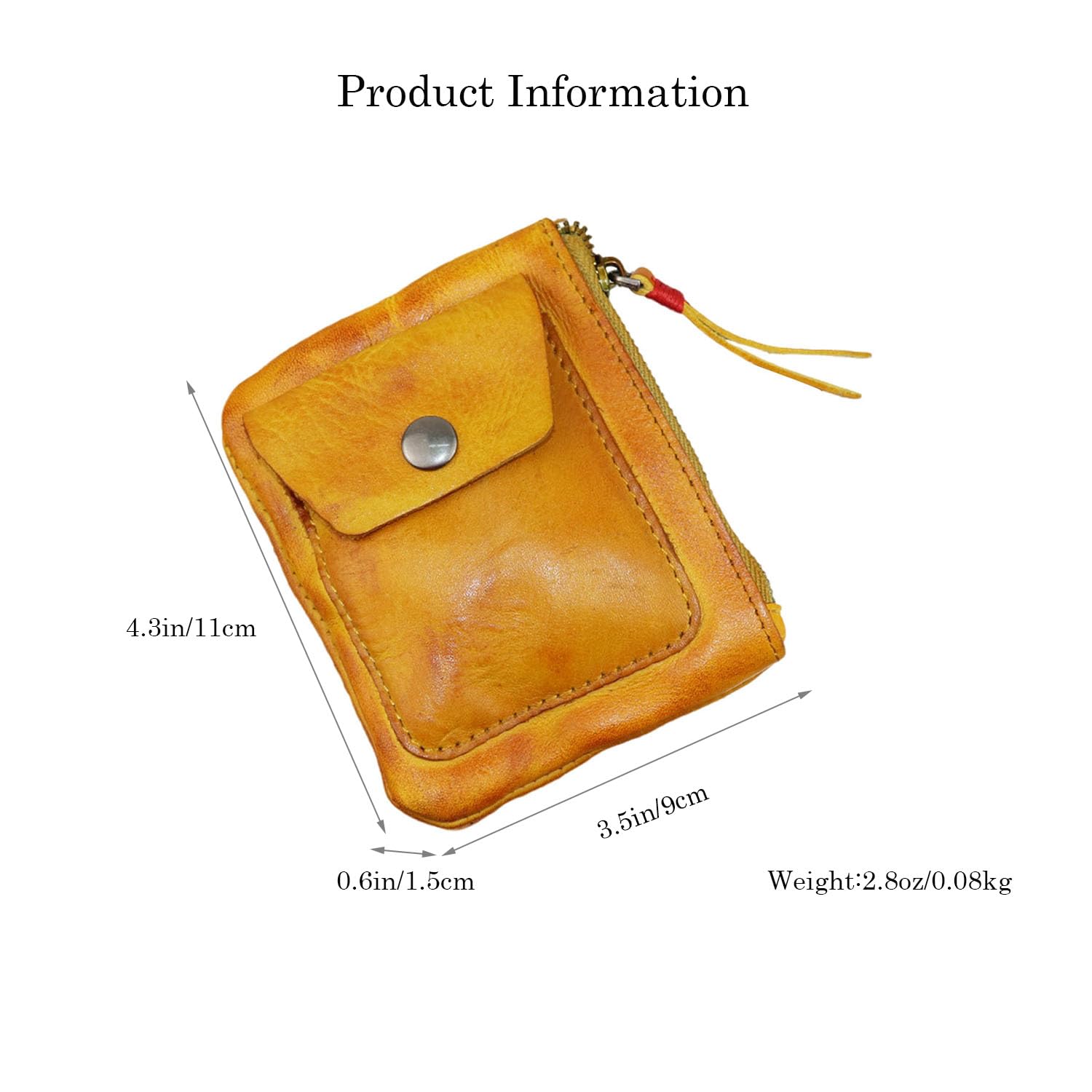 Genuine Leather Zipper Coin Purse for Men & Women - Vintage Mini Coin Wallet with Zipper Closure - Small Leather Change Pouch Holder (Yellow Brown) - Perfect for Organizing Coins, Keys & Small Essentials On-the-Go