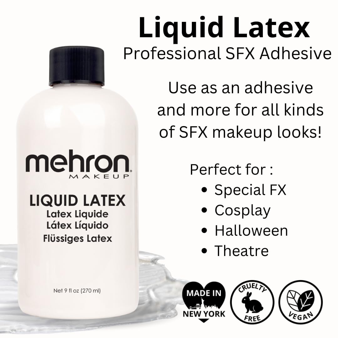 Mehron Liquid Latex for SFX & Halloween Makeup - 9 fl oz (266 ml) Clear Flesh Prosthetic Adhesive - Perfect for Costumes, Special Effects & DIY Projects