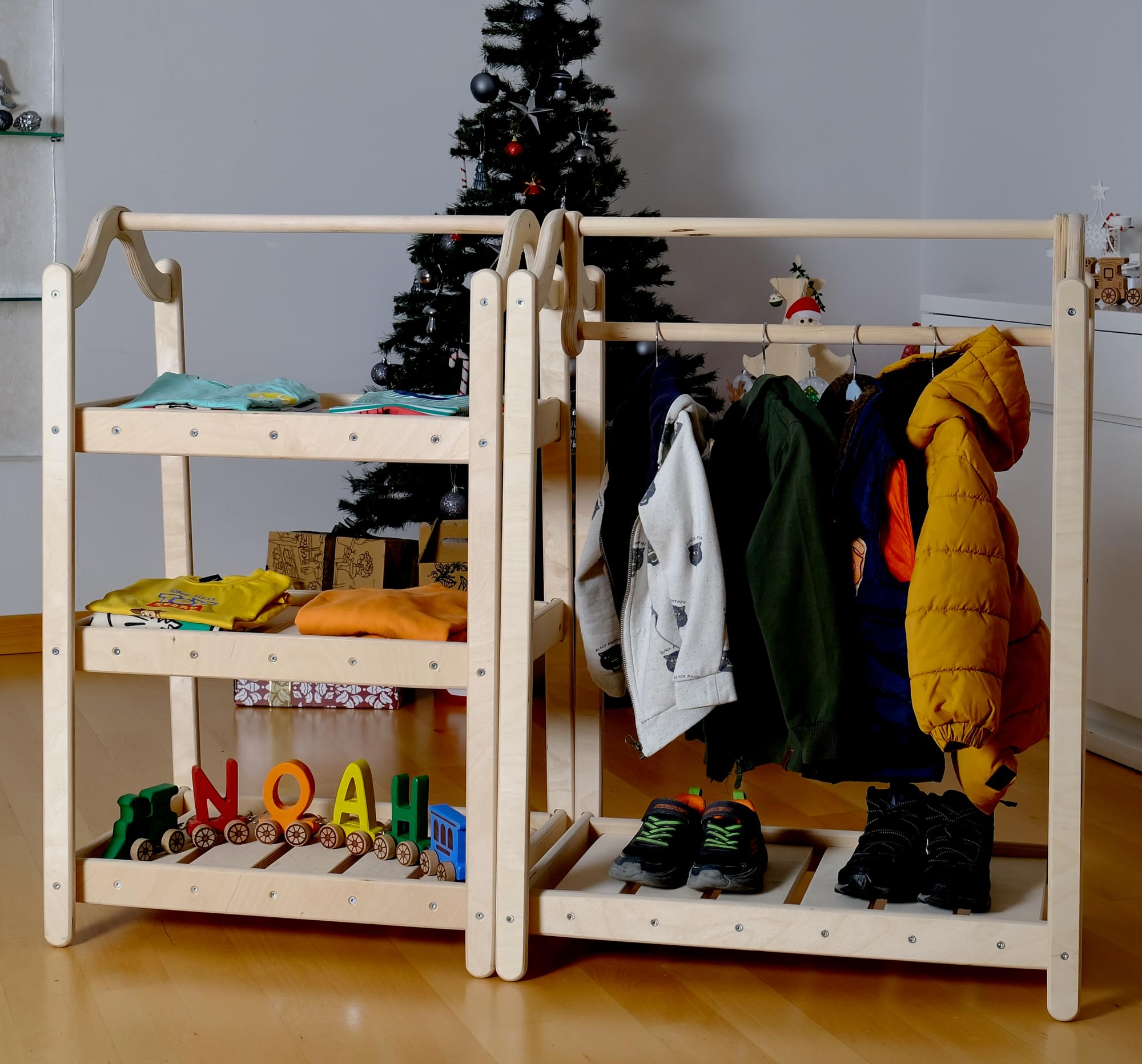 Montessori Kids Wooden Wardrobe & Clothing Rack Set - Premium Toddler Furniture for Bedroom | Child Room Clothes Organizer with Dress-Up Station | Perfect for Montessori Learning & Playroom Storage