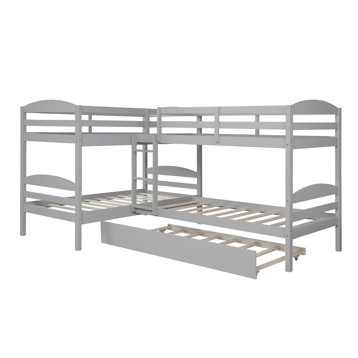 Kids Twin Over Twin L-Shaped Corner Bunk Bed with Trundle - 5 Bed Wooden Bunk Bed Frame with Full Guardrails & Flat Ladder (Gray) - Perfect for Small Bedrooms, Guest Rooms & Vacation Homes