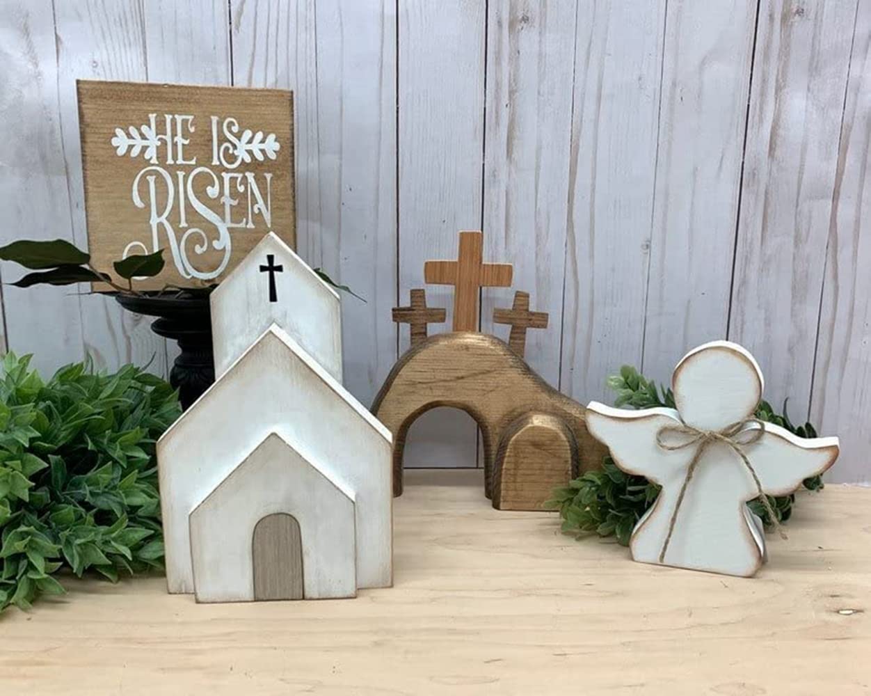 BE-STRONG Easter Tiered Tray Decor Set - 3D Mini Sign & Wooden Jesus Tomb Nativity Scene for Easter Home Decor | Perfect for Spring Table Centerpiece, Holiday Mantel Display & Church Celebration Decorations