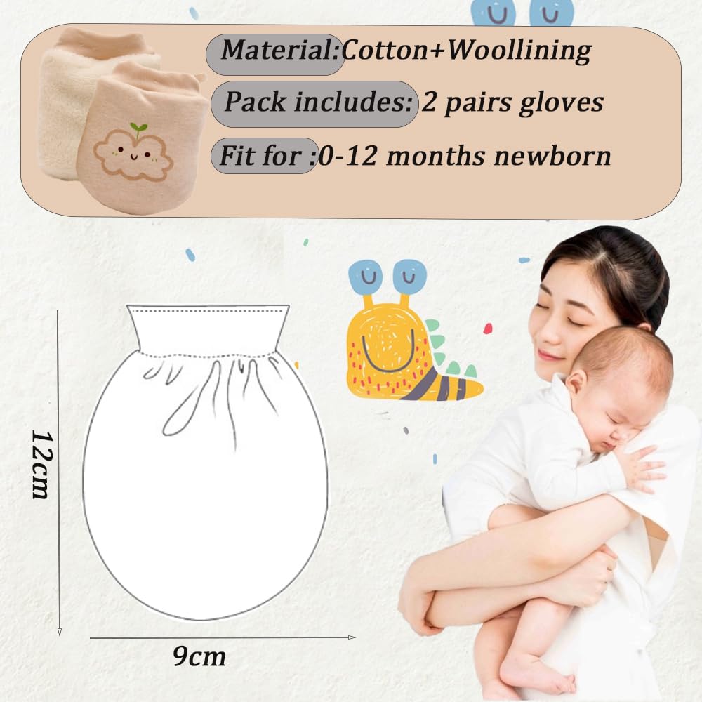 2 Pairs Baby No Scratch Mittens - Adjustable Winter Thick Fleece Newborn Mitts (0-12 Months) | Anti-Eating Hand Gloves, Warm Full Finger Protection | Perfect Baby Shower Gifts & Newborn Essentials for Sleeping, Outdoor Play & Cold Weather Protection
