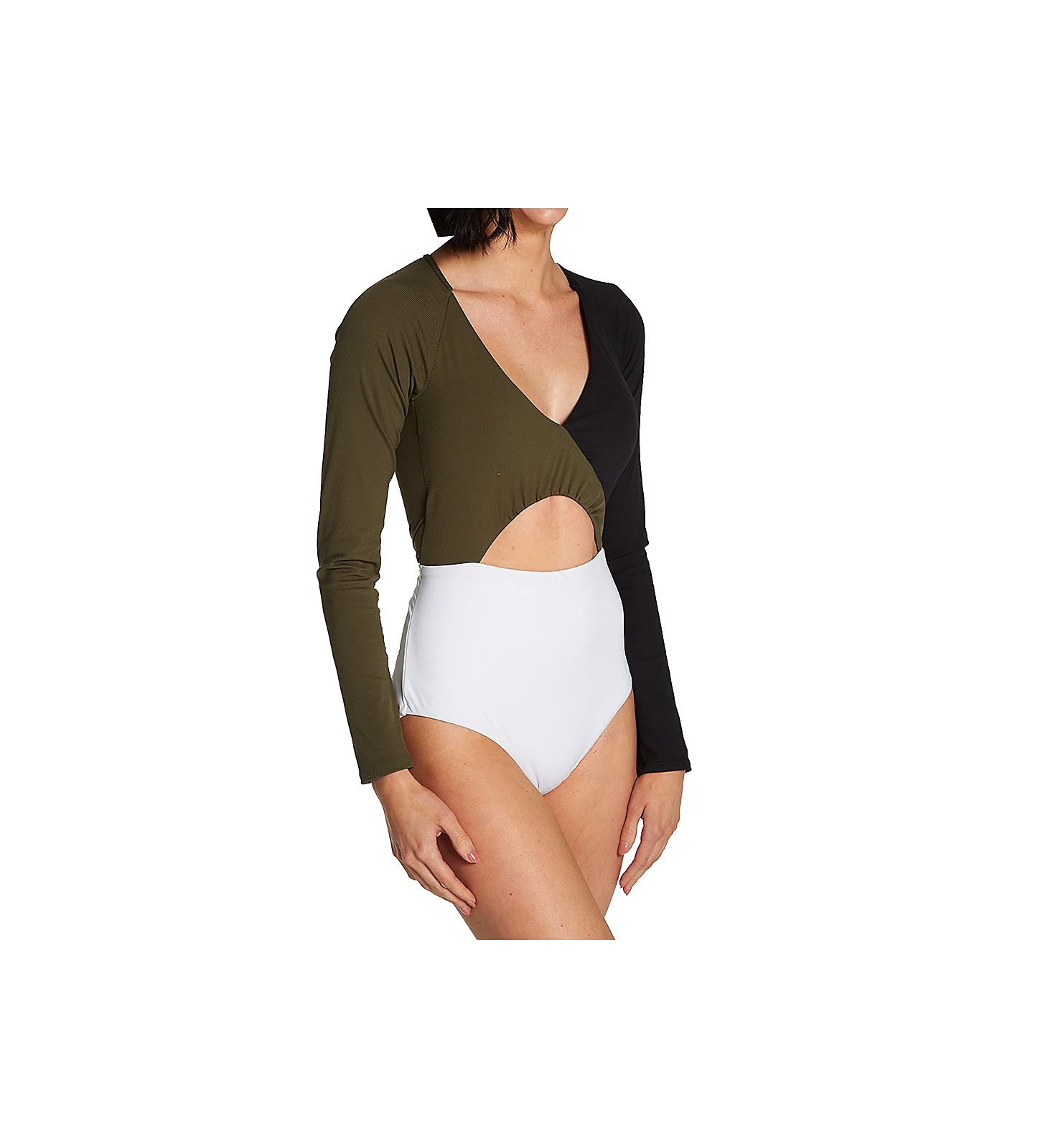 Sanctuary Women's Long Sleeve One Piece Swimsuit - UPF 50+ Sun Protection, High Neck & Ruffle Detail, Black/White/Green - Perfect for Beach Vacations, Pool Parties & Water Sports (Size XS, Style BP21219)