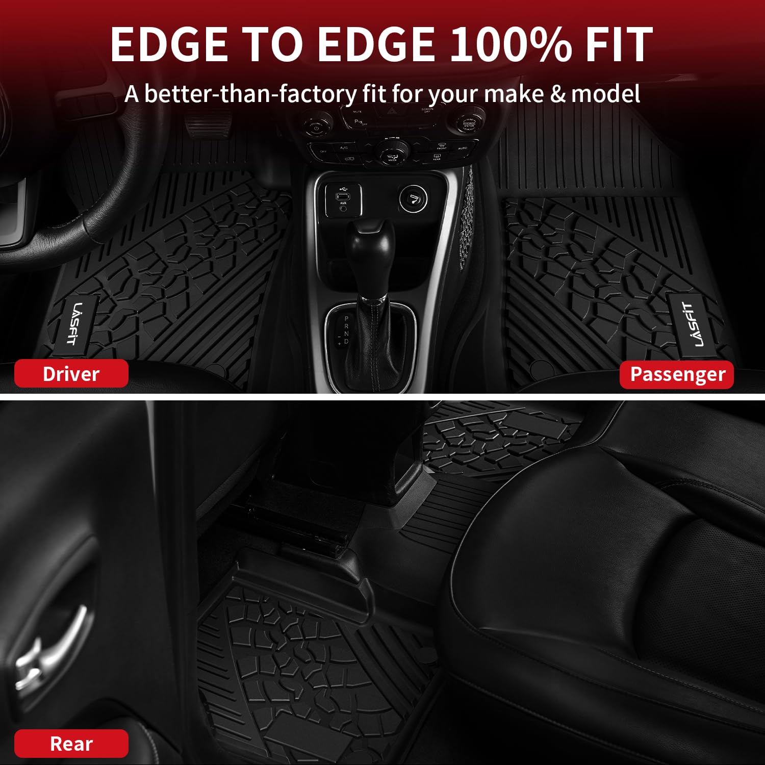 LASFIT All-Weather TPE Custom Fit Floor Mats for Jeep Cherokee 2015-2023 - 1st & 2nd Row Black Car Floor Liners (Not Compatible with Raised Dead Pedal) | Durable Protection for Off-Road, Daily Commute & Family Trips