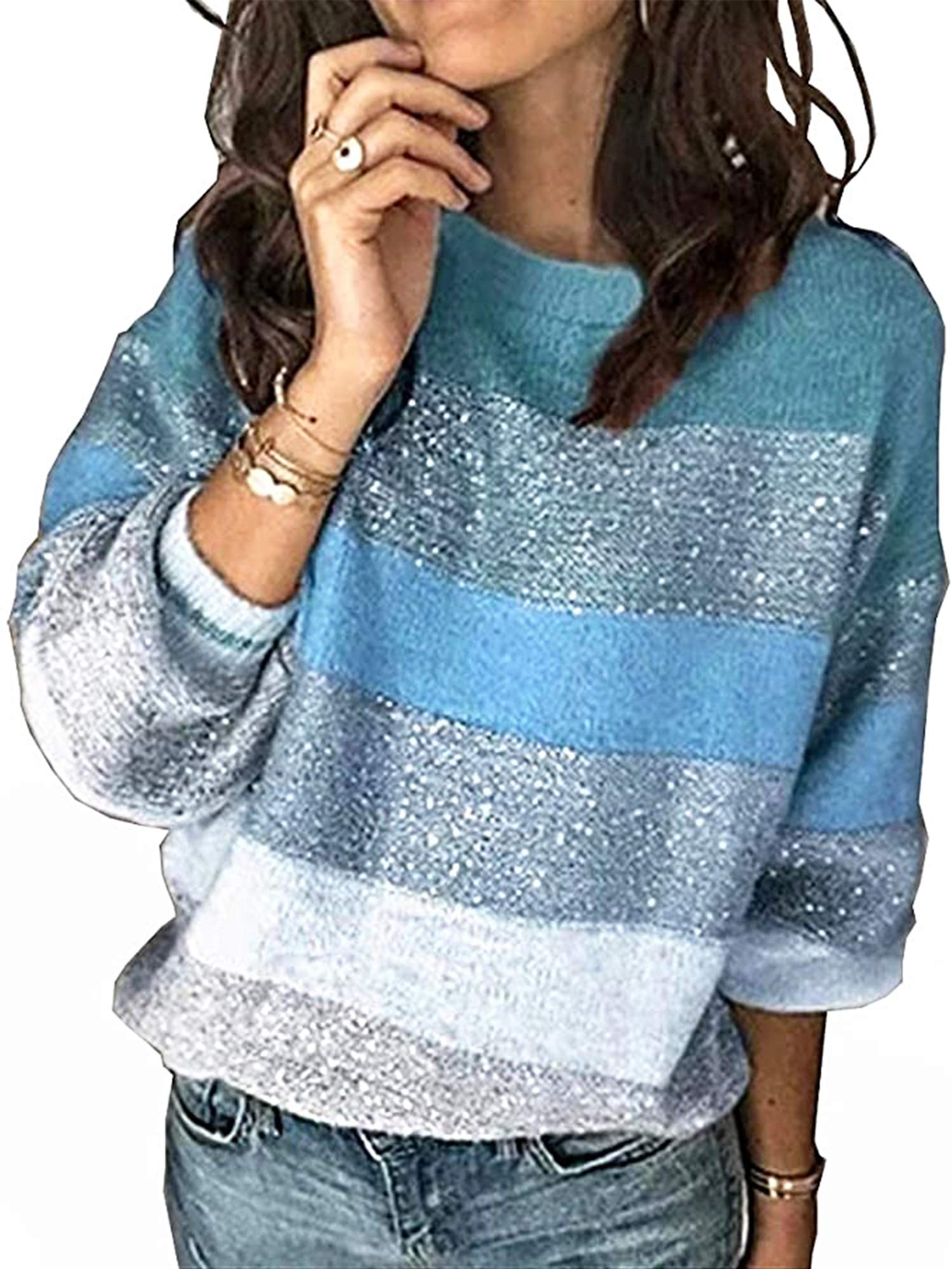 Angashion Women's Casual Long Sleeve Color Block Patchwork Knit Sweater - Soft Crewneck Pullover for Fall & Winter, Perfect for Office, Dating and Weekend Outfits