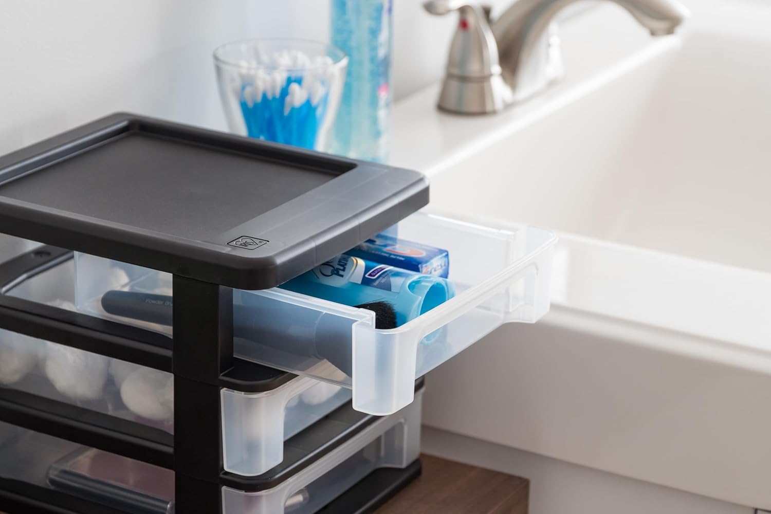 IRIS USA Plastic Stacking Desk Top 3-Drawer Storage Organizer, 2-Pack - Black Small Drawer Organizer for Makeup, Nail Polish, Stationery, Craft Supplies | Perfect for Bathroom, Office, Kitchen, Garage & Vanity Organization