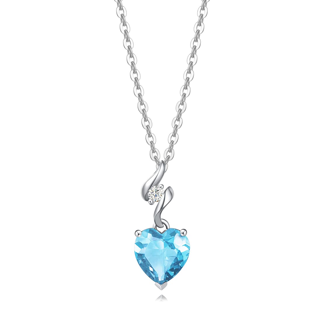14K Solid White Gold Diamond & Genuine Gemstone Heart Pendant Necklace with Sterling Silver Chain - 8x8mm Birthstone Jewelry for Women, Perfect Anniversary, Birthday Gift for Her, Wife, Mom | Elegant Everyday Wear & Special Occasion Jewelry