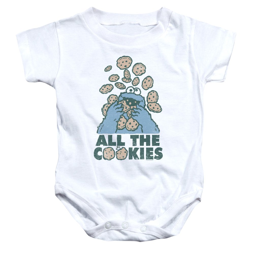 PopFunk Classic Sesame Street 'All The Cookies' White Baby Onesie - Unisex Short Sleeve Snap Suit for Boys & Girls (6 Months) - Perfect for Playtime, Daycare & Family Photos