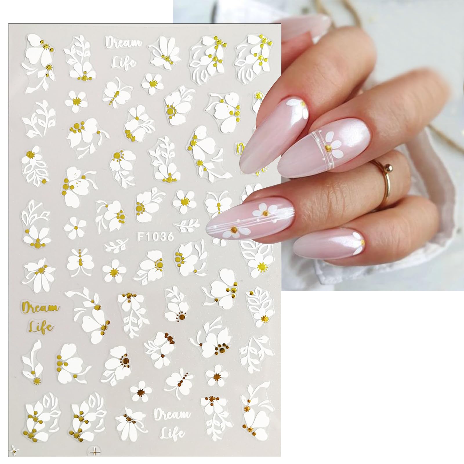 8 Sheets White Gold Flower Nail Art Stickers - 3D Self-Adhesive Daisy Floral Leaves Nail Decals with Holographic Cherry Blossom & Metal Petal Butterfly Designs for Women | Perfect for Nail Salon, DIY Manicure, Party & Wedding Nail Decorations
