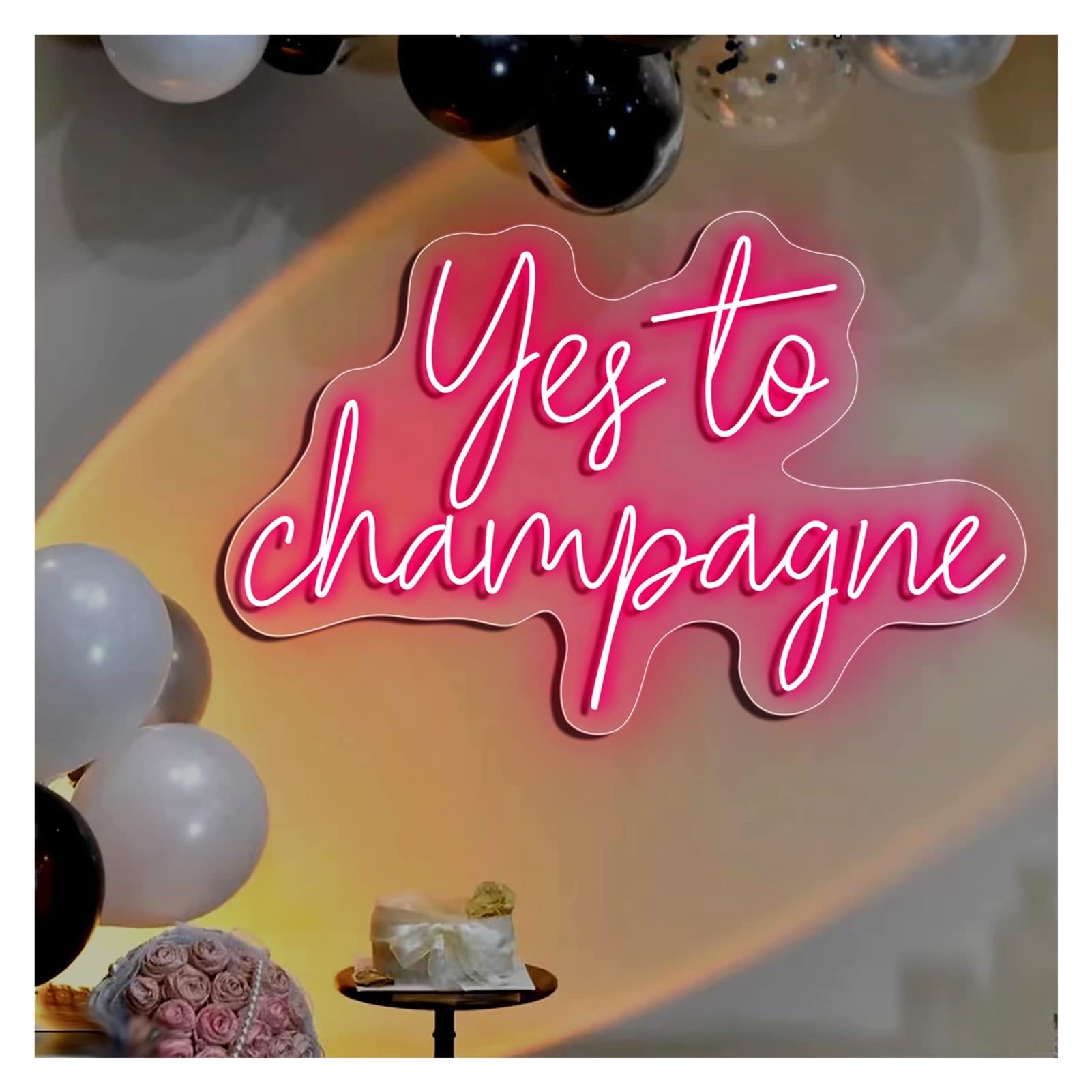 Handmade 'Yes to Champagne' LED Neon Sign - Pink 50x33cm (19x13in) Wall Art for Bedroom, Home & Bar Decor | Perfect for Parties, Wedding Decorations & Instagrammable Room Aesthetics