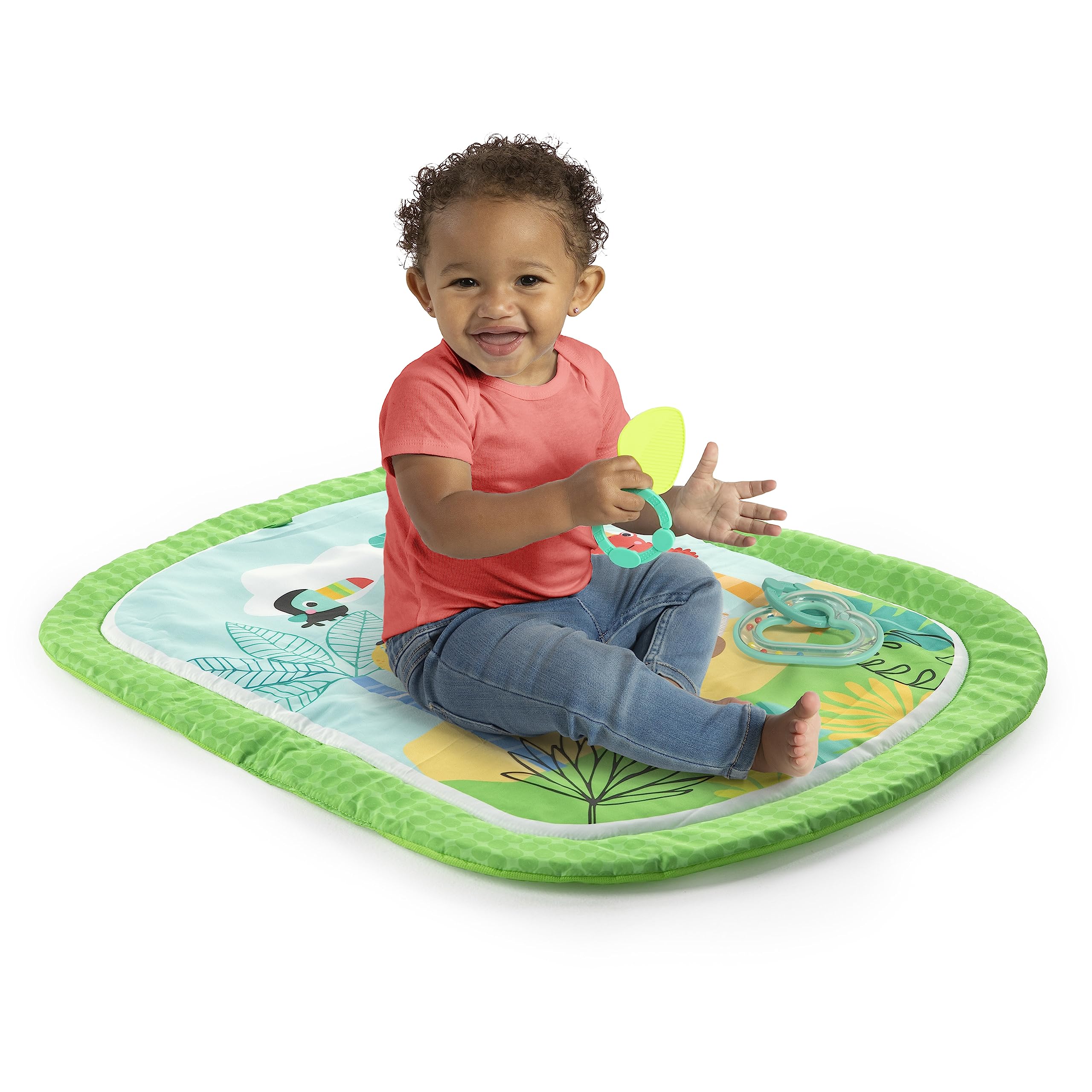 Bright Starts Easy Breezy Baby Tummy Time Activity Mat with 2 Detachable Toys | Compact & Machine Washable Playmat for Newborns & Infants | Perfect for Floor Play, Sensory Development & Early Learning